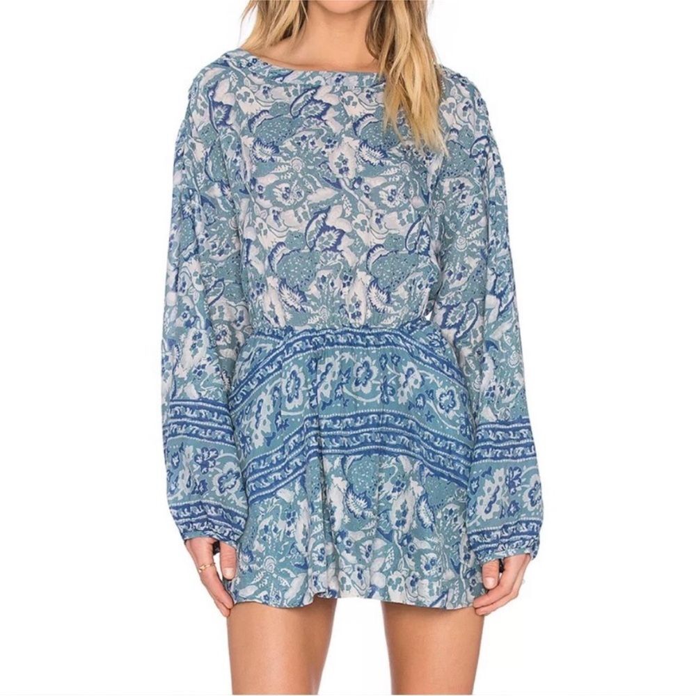 Free People Blue and White Patterned Long Sleeve Mini Dress